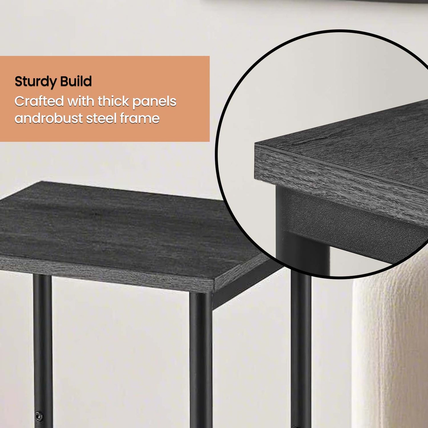 Set of 2 Slim Side Tables with Adjustable Feet, 15.2 Inch Small End Tables for Living Room Bedroom, Misty Gray and Black