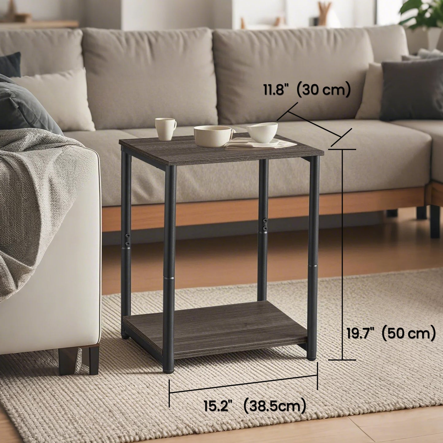 Side Tables Set of 2, Slim Industrial End Tables with Storage Shelf, Sturdy Steel Frame & Particleboard, Multi-Use for Living Room,Bedroom,Office, Chestnut Brown & Black
