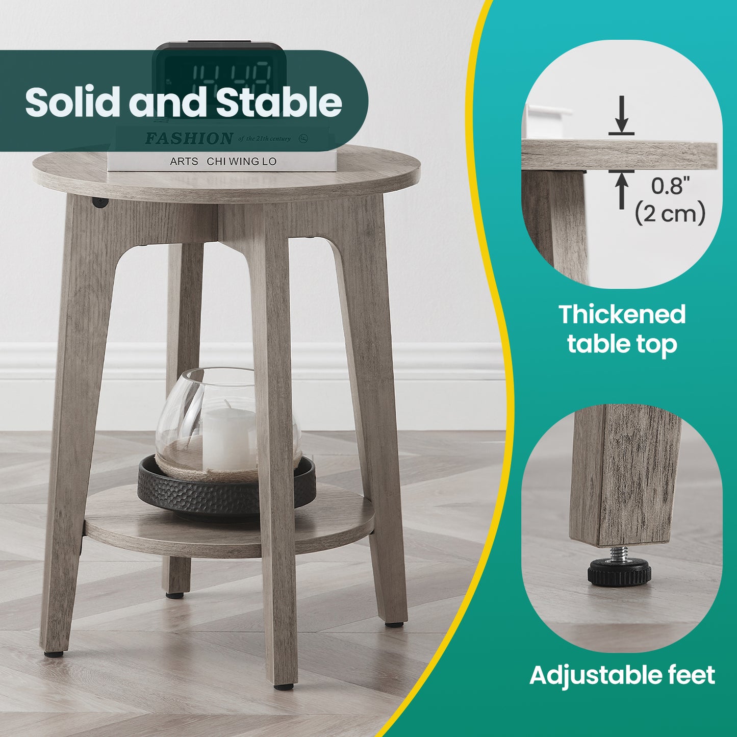 Modern Round Side Table with Lower Shelf, 2-Tier End Table for Living Room & Bedroom, Space-Saving Nightstand with Angled Legs, Greige