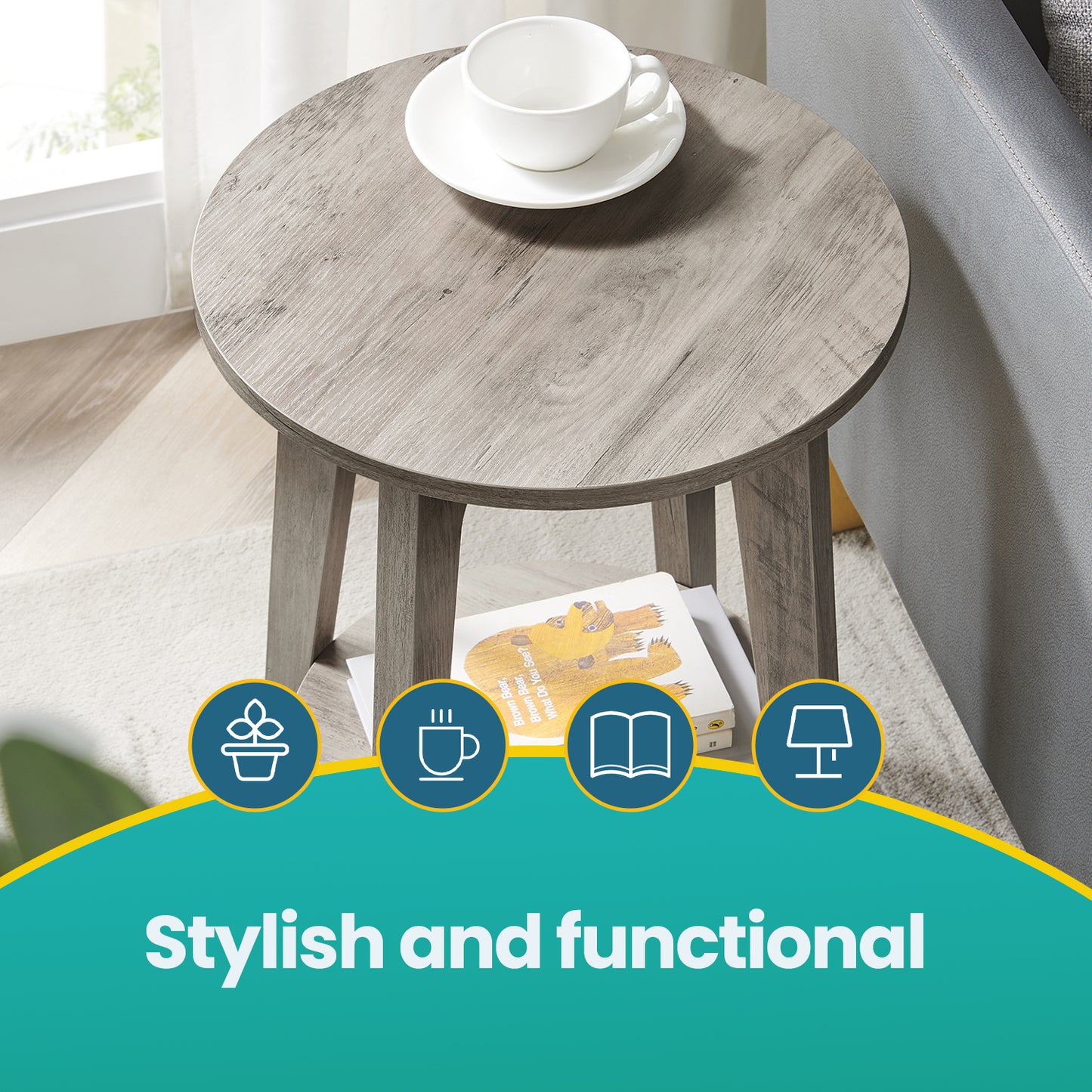 Modern Round Side Table with Lower Shelf, 2-Tier End Table for Living Room & Bedroom, Space-Saving Nightstand with Angled Legs, Greige