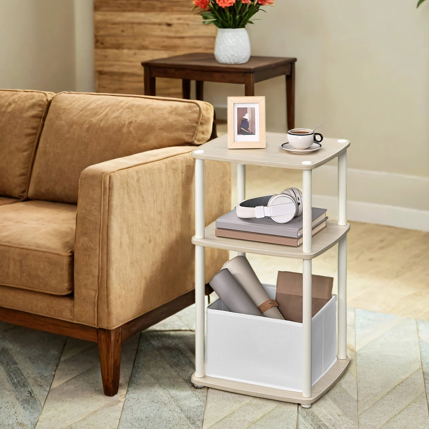 3-Tier End Table with Fabric Basket, Toolless Assembly Steel Frame Nightstand, Space-Saving Storage for Bedroom Living Room, Natural Beige