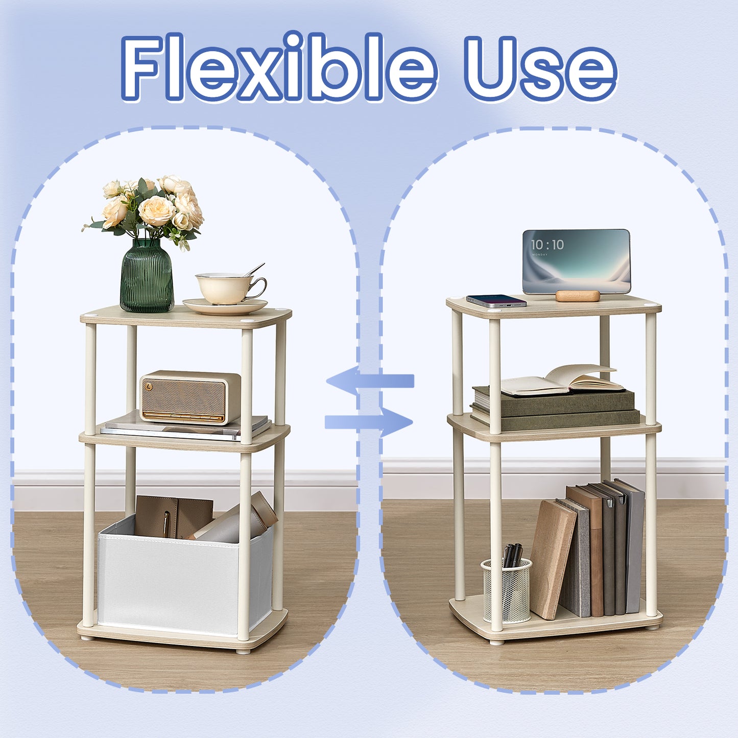 3-Tier End Table with Fabric Basket, Toolless Assembly Steel Frame Nightstand, Space-Saving Storage for Bedroom Living Room, Natural Beige