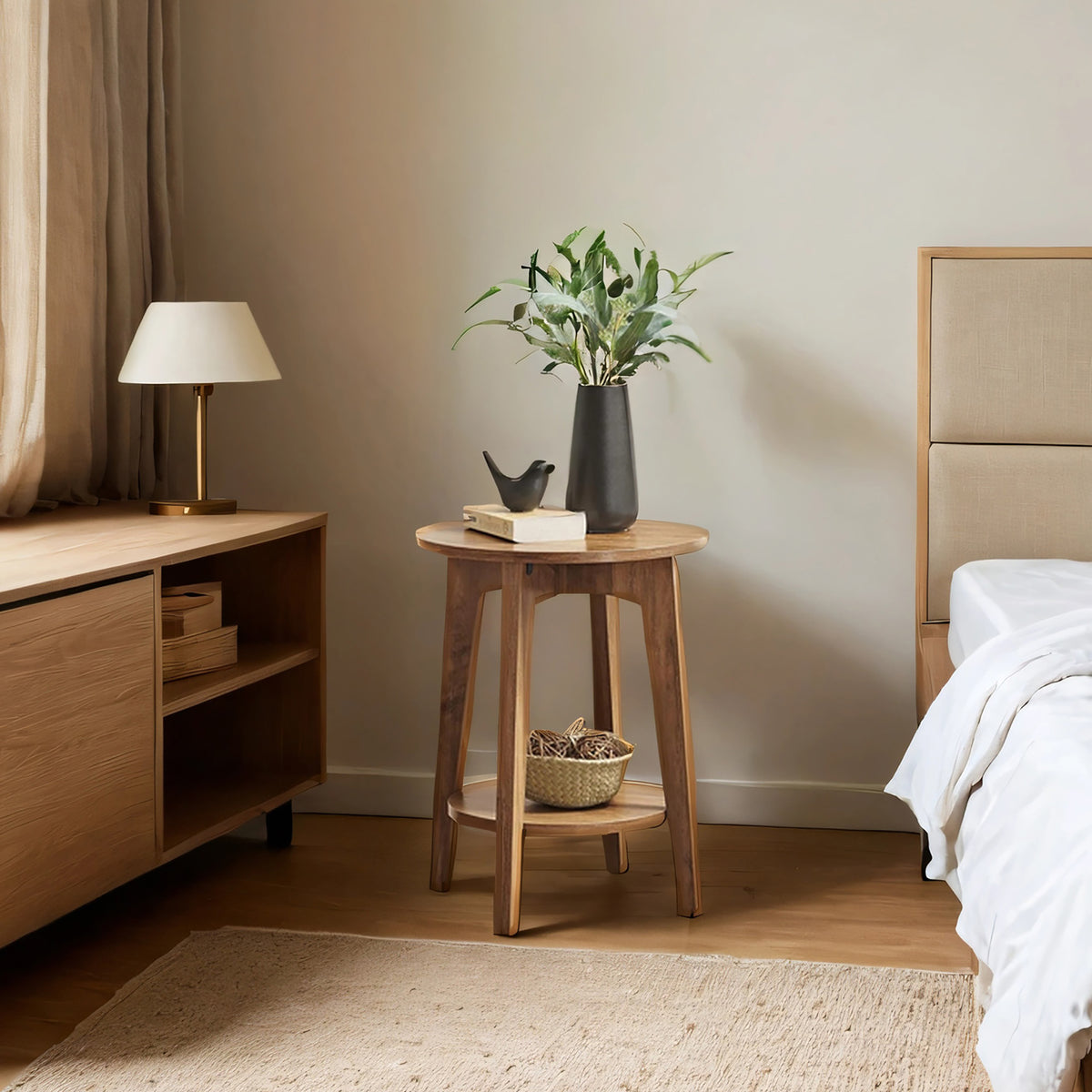 LEDREM Side Table, 2-Tier Small Round Table Nightstand for Small Spaces, 15.8 x 15.8 x 19.7 inches, Tan