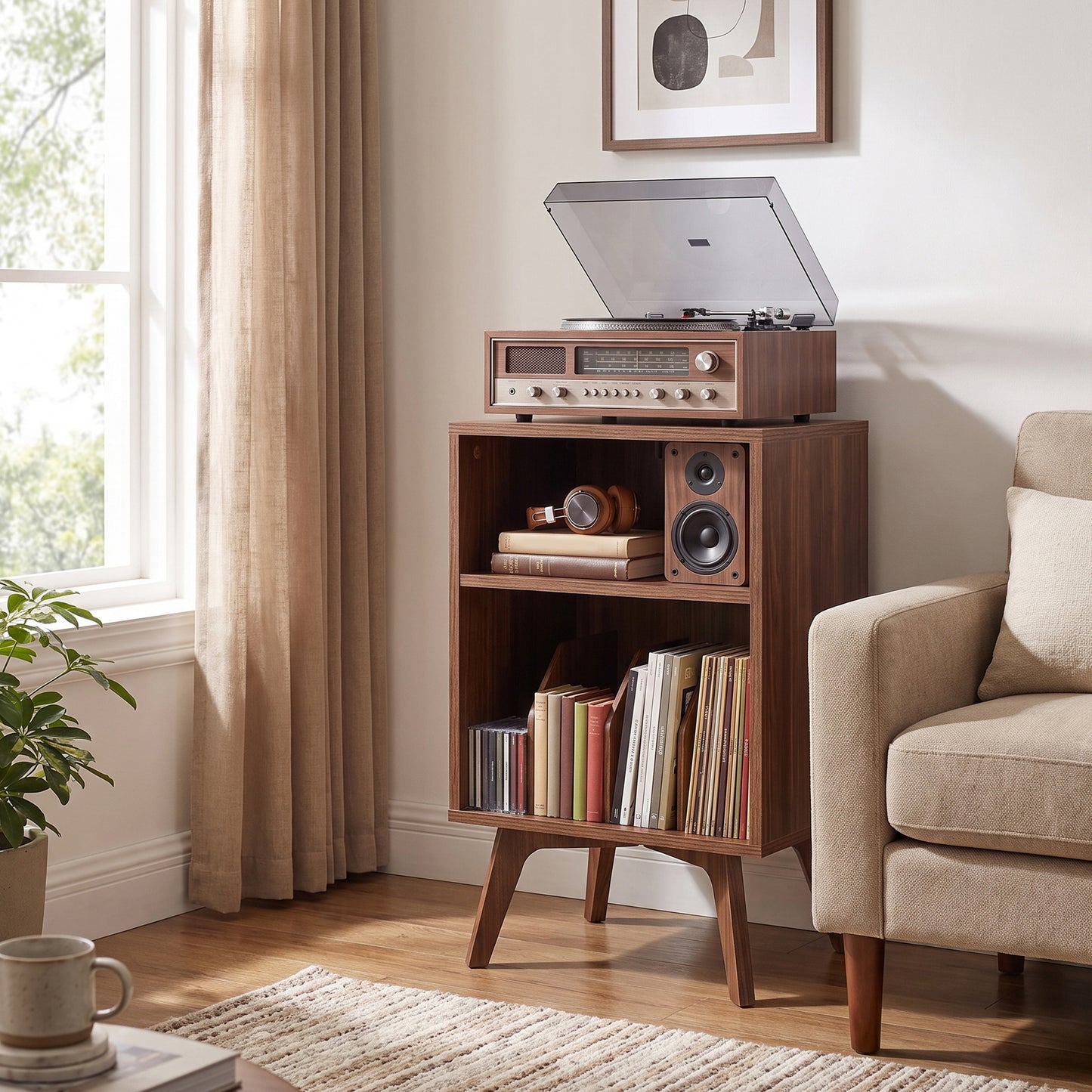 Record Player Stand, Mid-Century Vinyl Storage Side Table Holds 160 Albums, 18.9 x 15.7 x 31.5 inches, Chestnut Brown