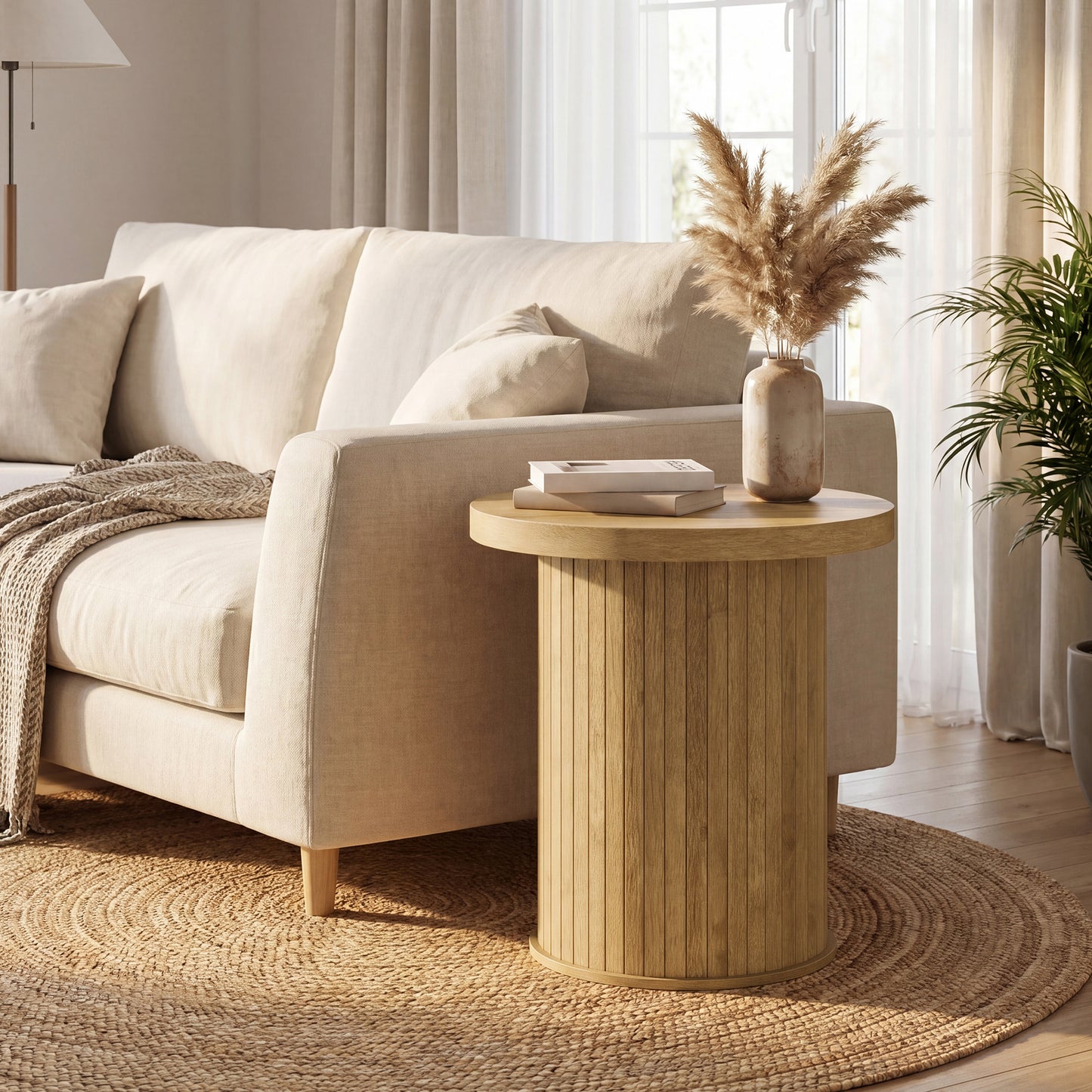 Tambour Round Side Table, Nightstand, Bedside Table for Small Spaces, Easy Assembly, for Living Room, Bedroom, Brown