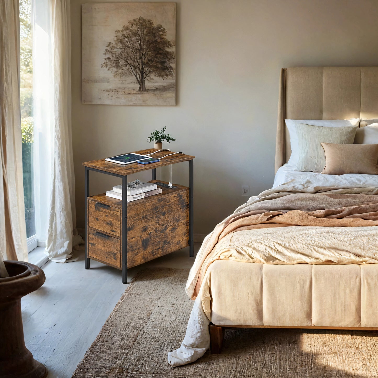 Narrow Charging Side Table - Rustic End Table with 2 Drawers & Power Strip, Space-Saving Nightstand, Brown and Black