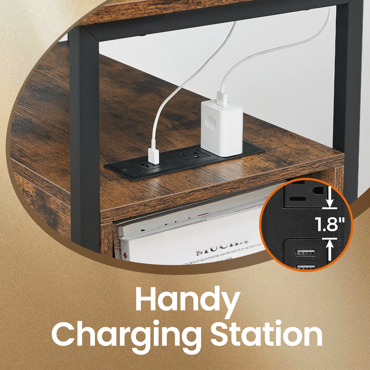 Narrow Charging Side Table - Rustic End Table with 2 Drawers & Power Strip, Space-Saving Nightstand, Brown and Black