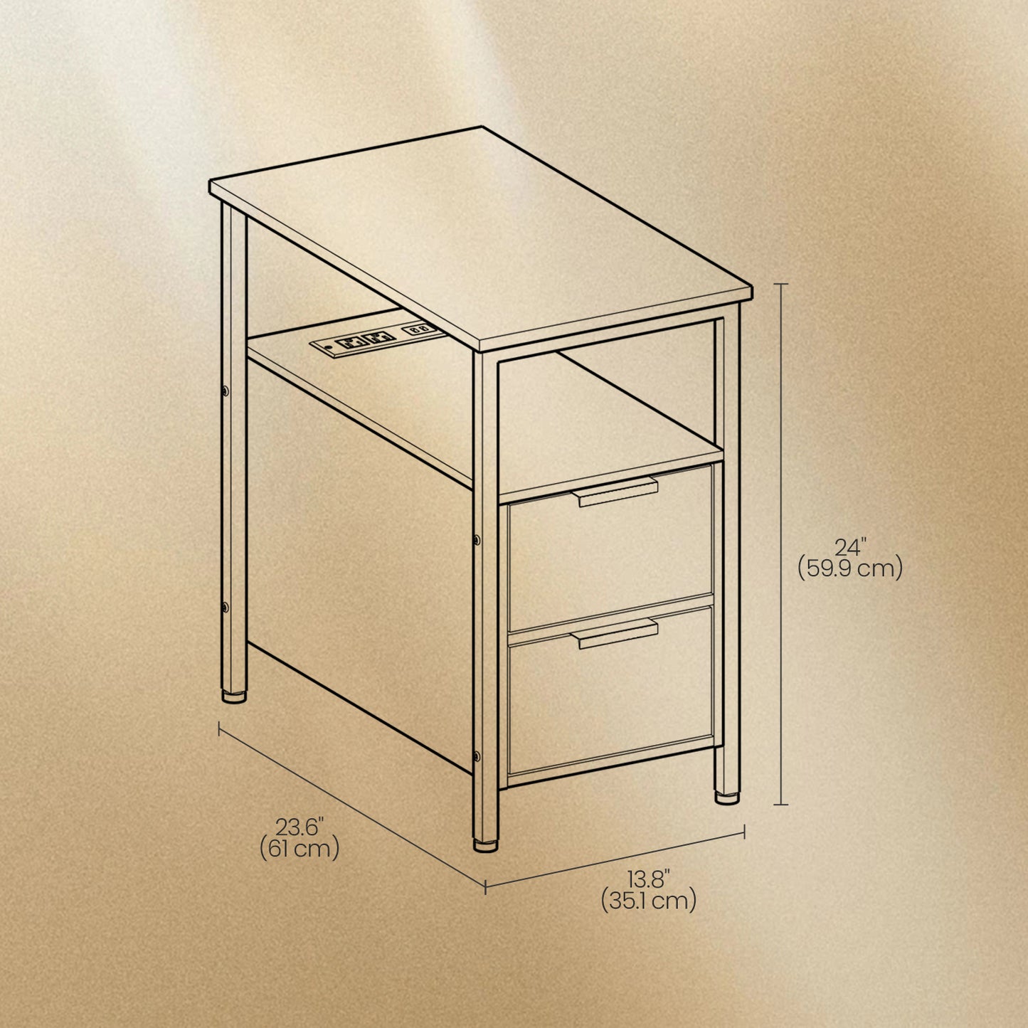Narrow Charging Side Table - Slim End Table with 2 Drawers & Power Strip, Space-Saving Nightstand for Small Spaces, Black