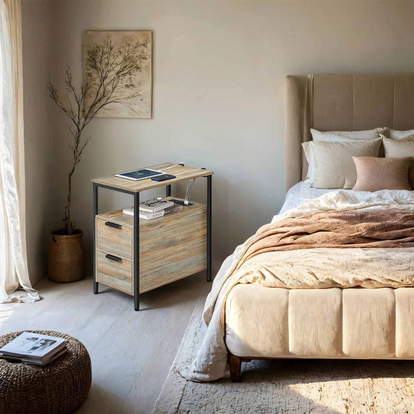 Narrow Charging Side Table - Slim End Table with 2 Drawers & Power Strip, Oak with Blue Grains and Black