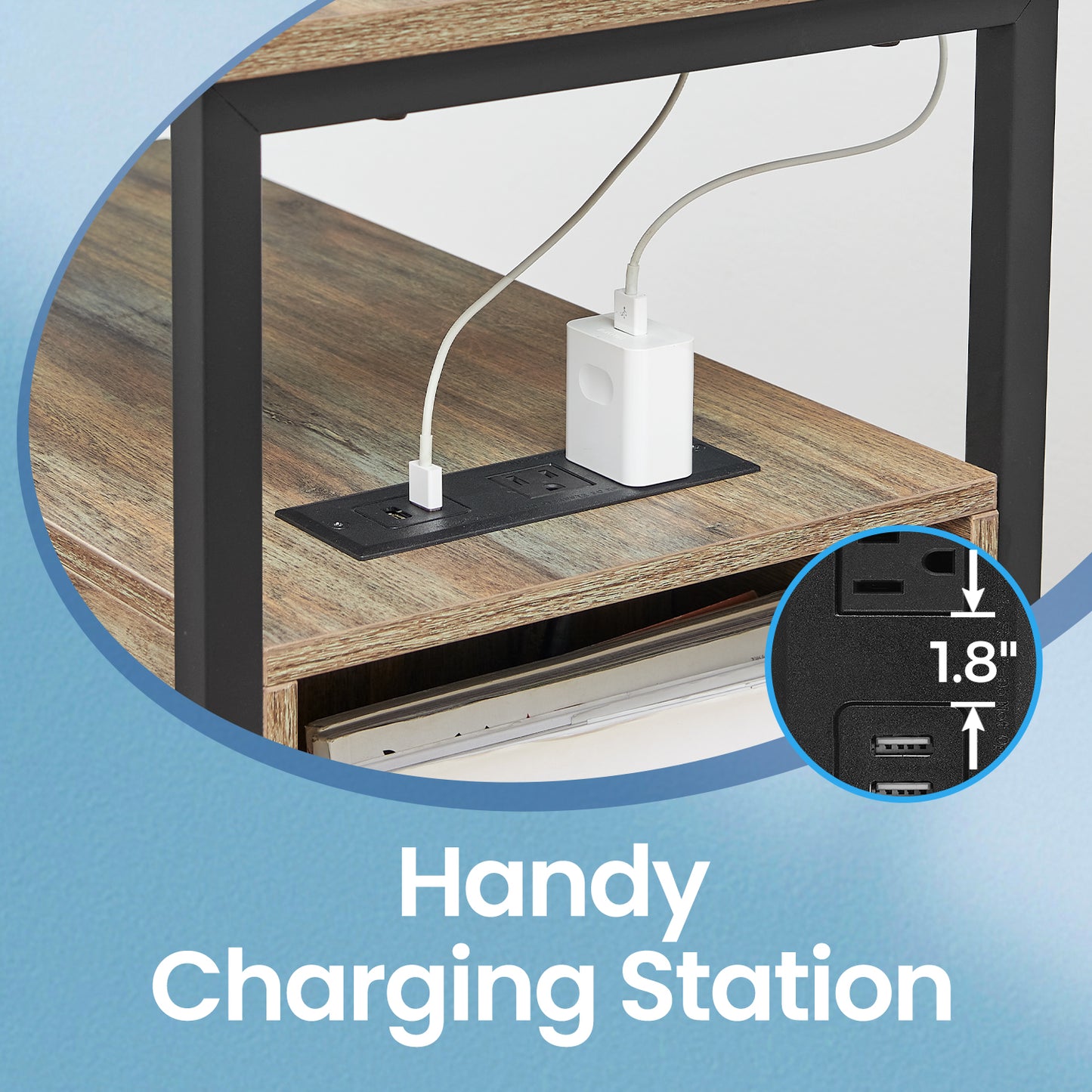 Narrow Charging Side Table - Slim End Table with 2 Drawers & Power Strip, Oak with Blue Grains and Black