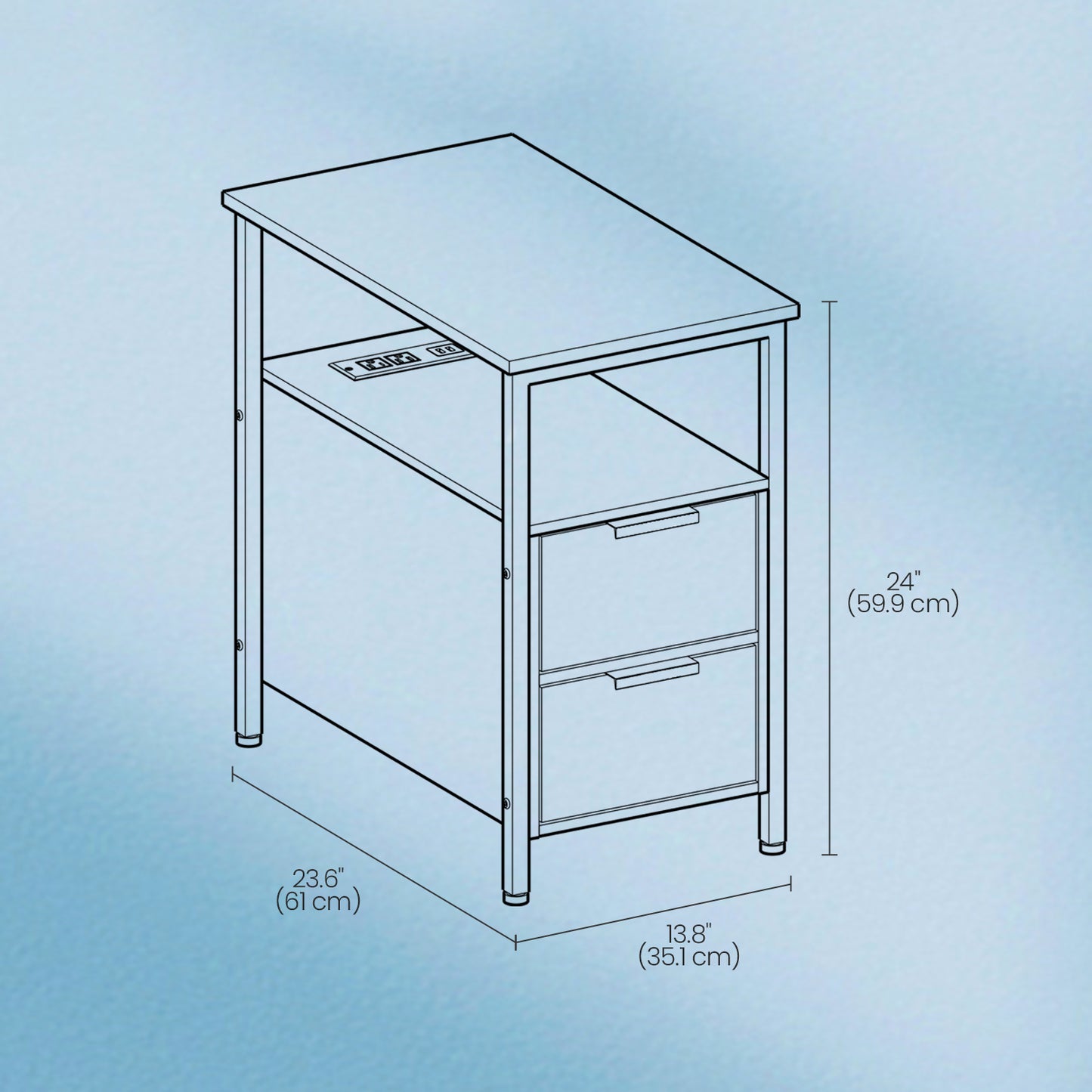Narrow Charging Side Table - Slim End Table with 2 Drawers & Power Strip, Oak with Blue Grains and Black