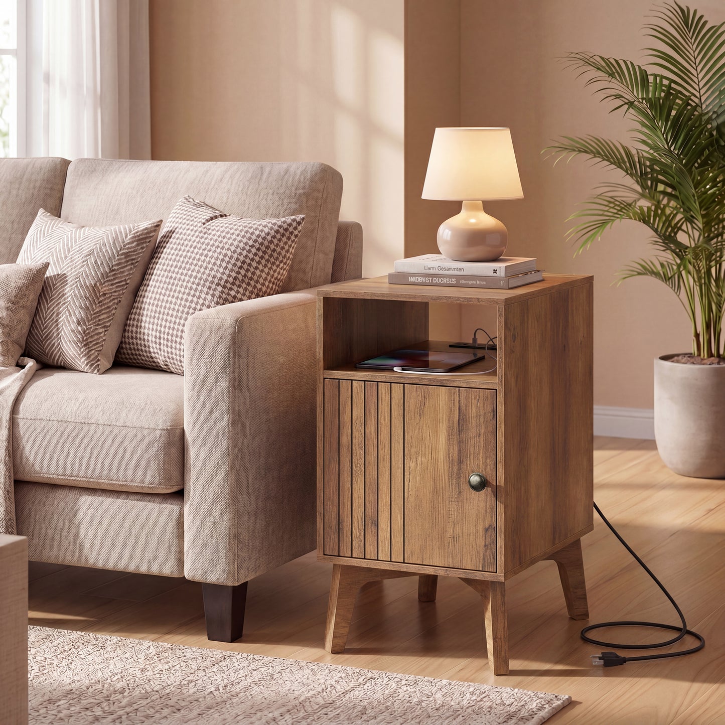Side Table with Charging Station, Nightstand with Cabinet, Narrow End Table, Tapered Legs, Brown