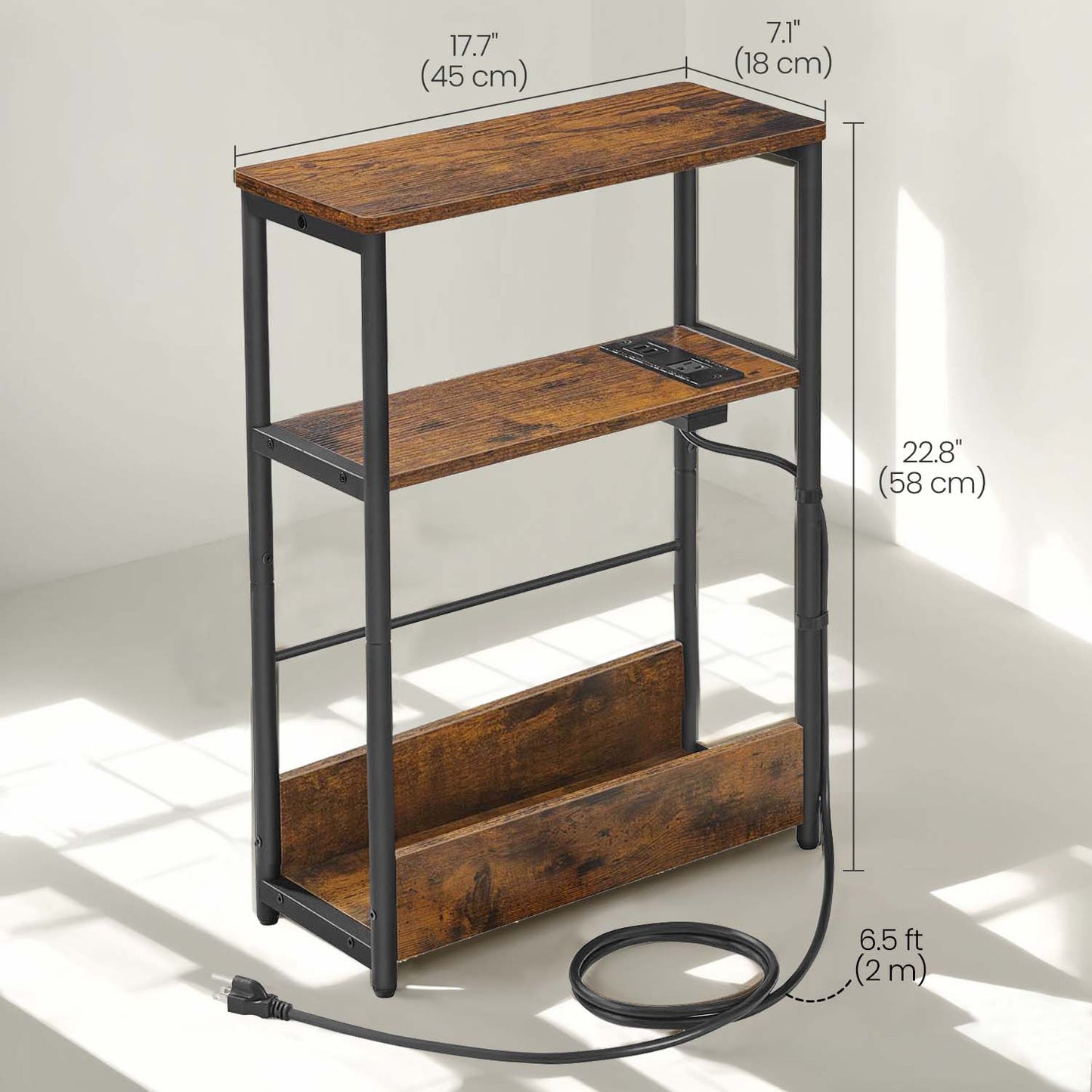3-Tier Side Table with Charging Station, Narrow End Table with AC Outlet & USB Ports, Nightstand for Living Room, Bedroom, Rustic Brown and Black