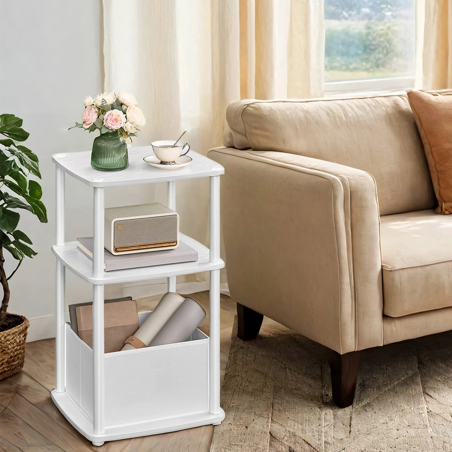 3-Tier Storage End Table with Fabric Basket, Tool-Free Assembly Nightstand for Bedroom & Living Room, Space-Saving Modern Design, White