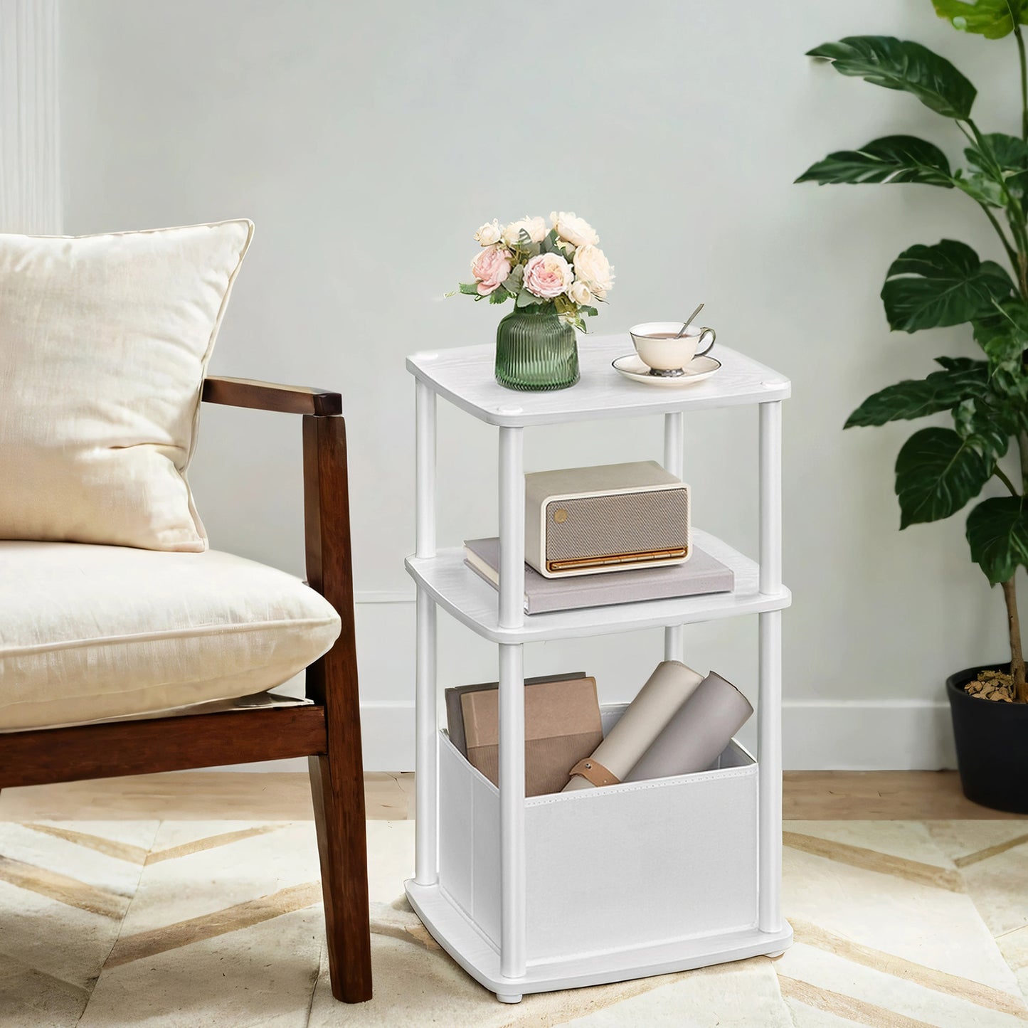 3-Tier Storage End Table with Fabric Basket, Tool-Free Assembly Nightstand for Bedroom & Living Room, Space-Saving Modern Design, White