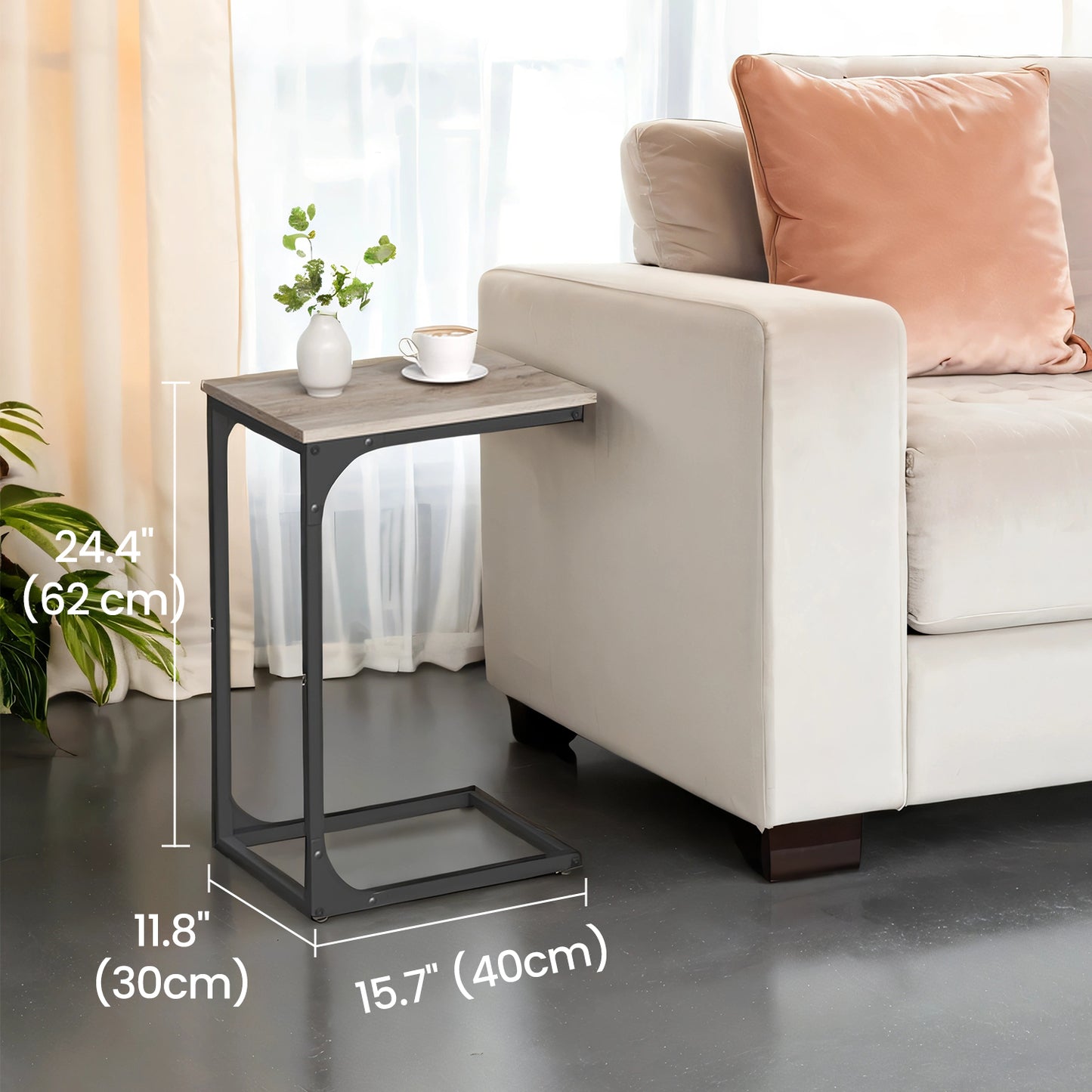 2-Pack C-Shaped End Tables - Slim Sofa Side Tables, 24.4" Height, Sturdy Metal Frame, Greige and Black