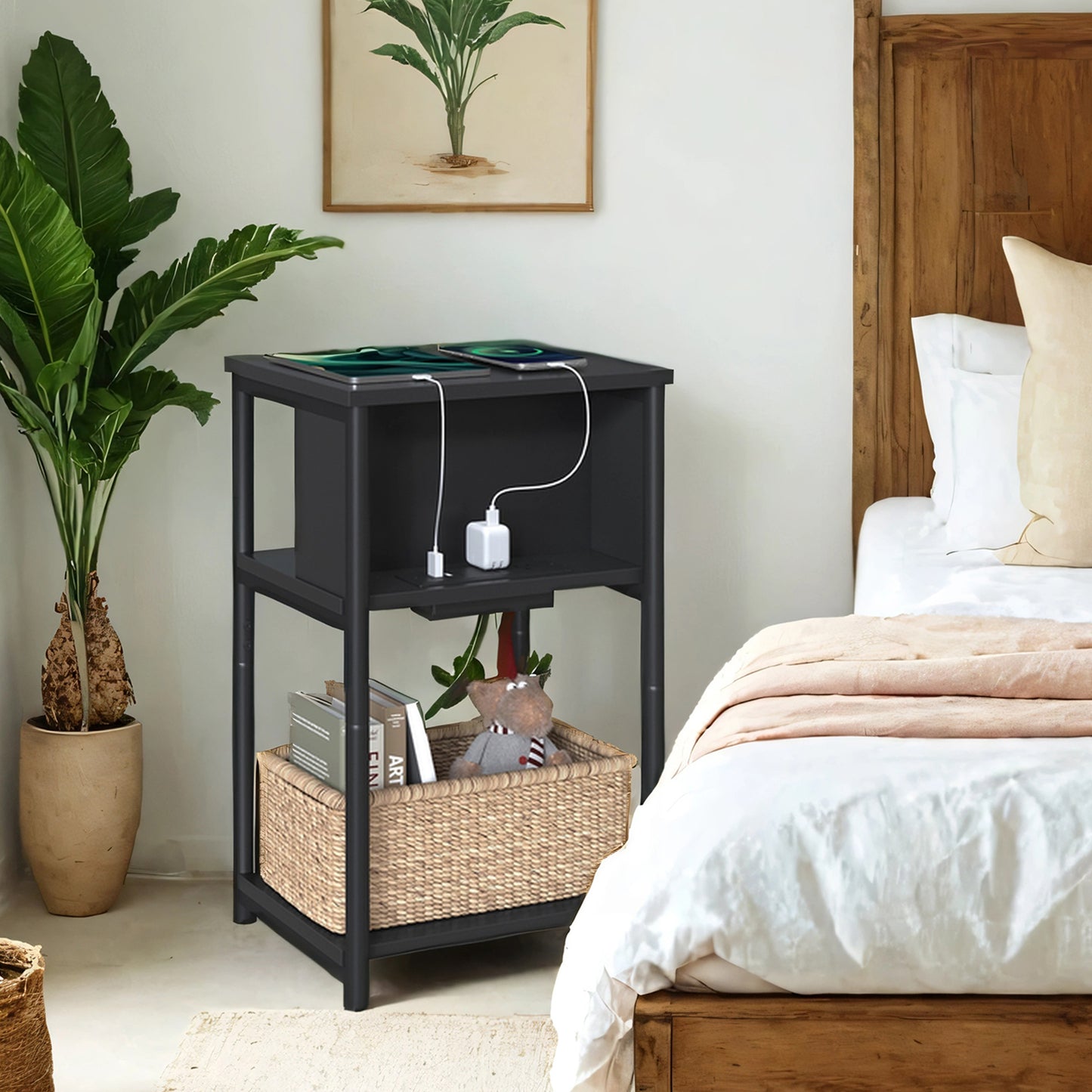 3-Tier Charging Side Table - End Table with 2 Outlets & 2 USB Ports, Space-Saving Nightstand for Bedroom & Living Room, Black