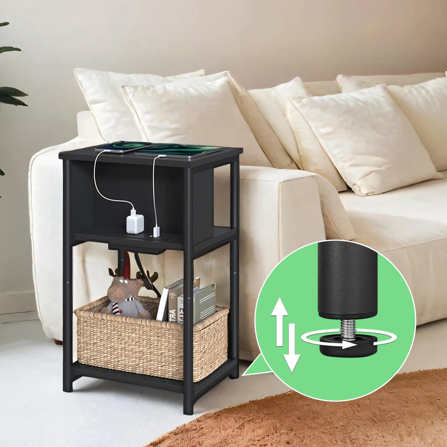 3-Tier Charging Side Table - End Table with 2 Outlets & 2 USB Ports, Space-Saving Nightstand for Bedroom & Living Room, Black