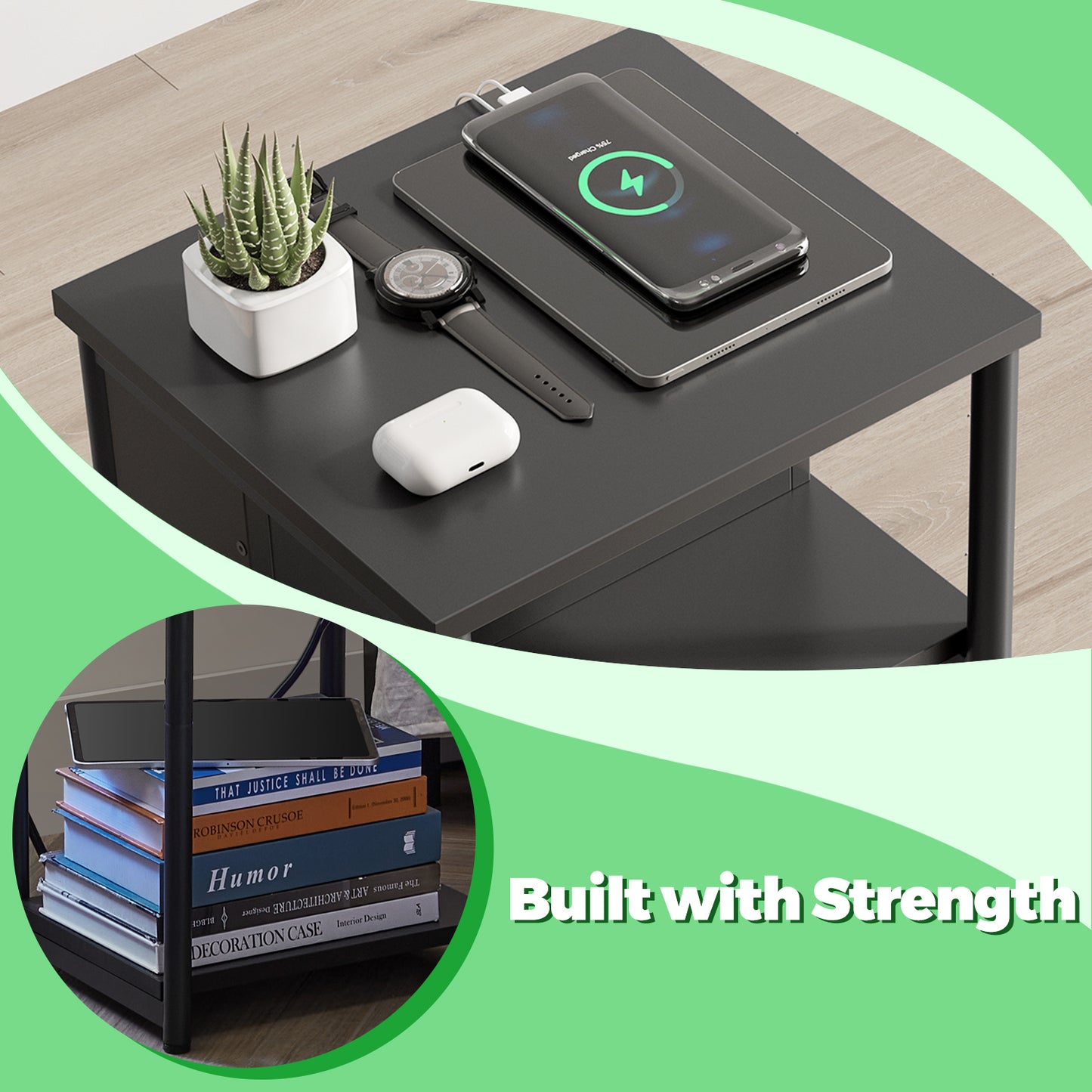 3-Tier Charging Side Table - End Table with 2 Outlets & 2 USB Ports, Space-Saving Nightstand for Bedroom & Living Room, Black