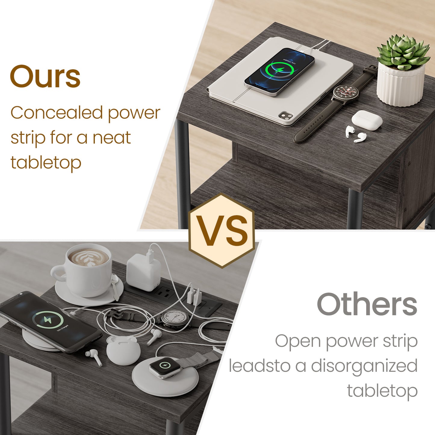 3-Tier Charging Side Table - End Table with 2 Outlets & 2 USB Ports, Space-Saving Nightstand in Chestnut Brown and Black