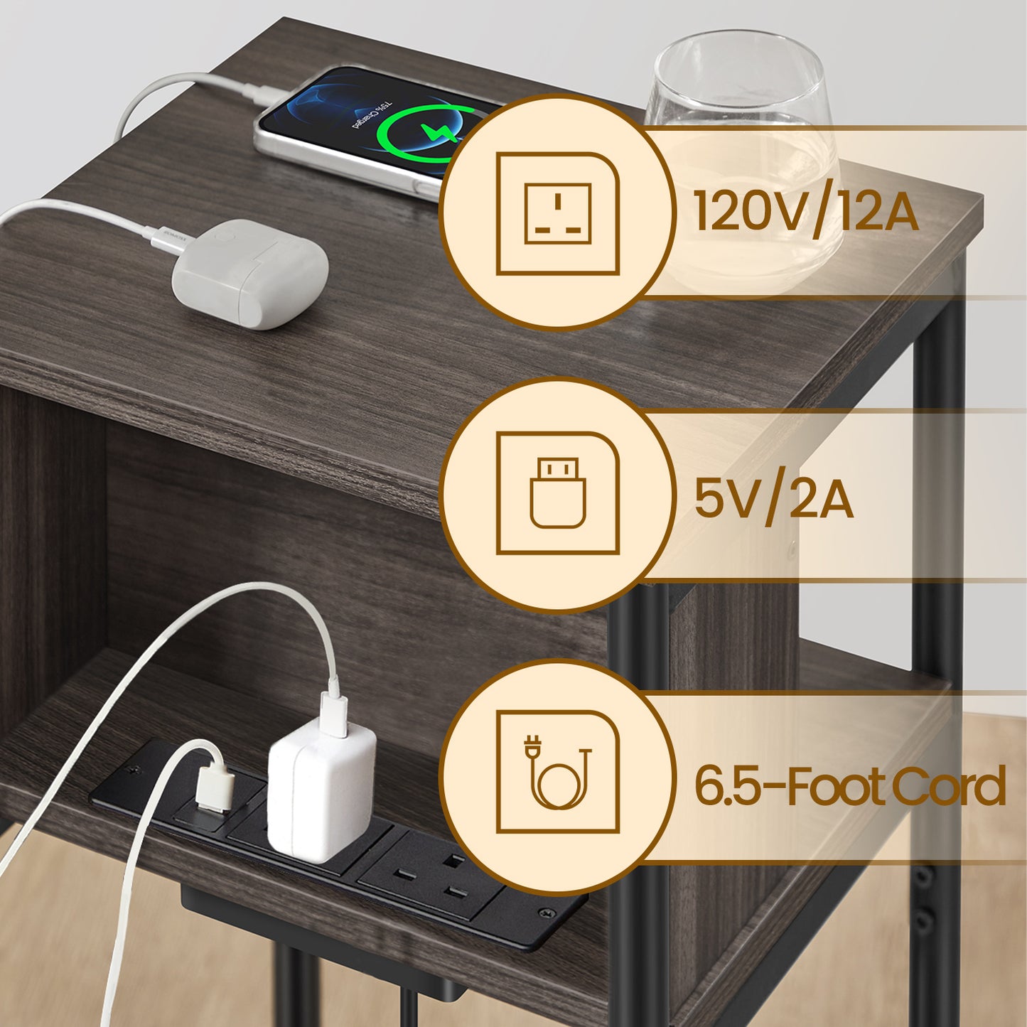 3-Tier Charging Side Table - End Table with 2 Outlets & 2 USB Ports, Space-Saving Nightstand in Chestnut Brown and Black