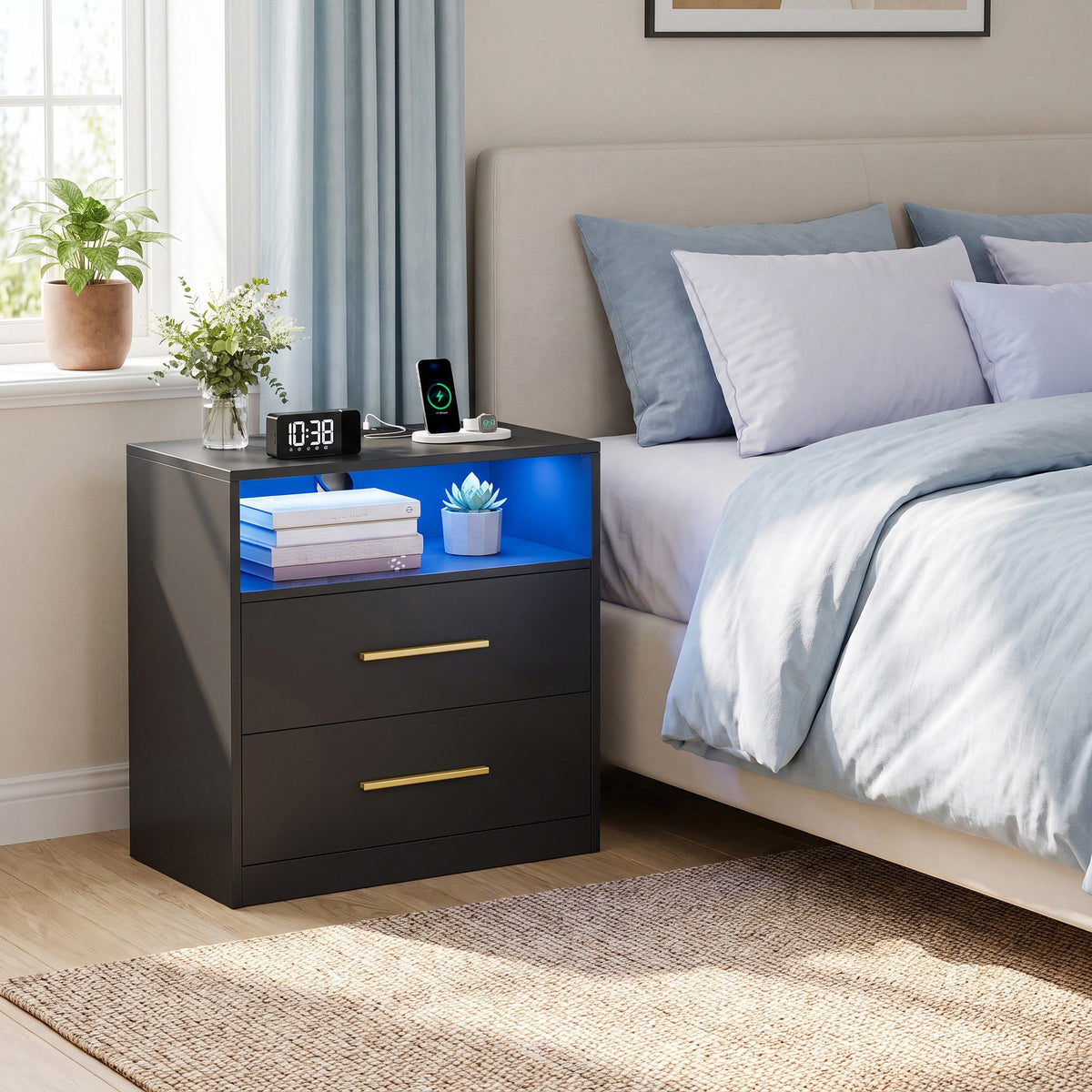 LEDREM Nightstand with Charging Station and LED Lights, 2 Storage Drawers, 23.6 x 13.8 x 24.1 Inches, Ink Black