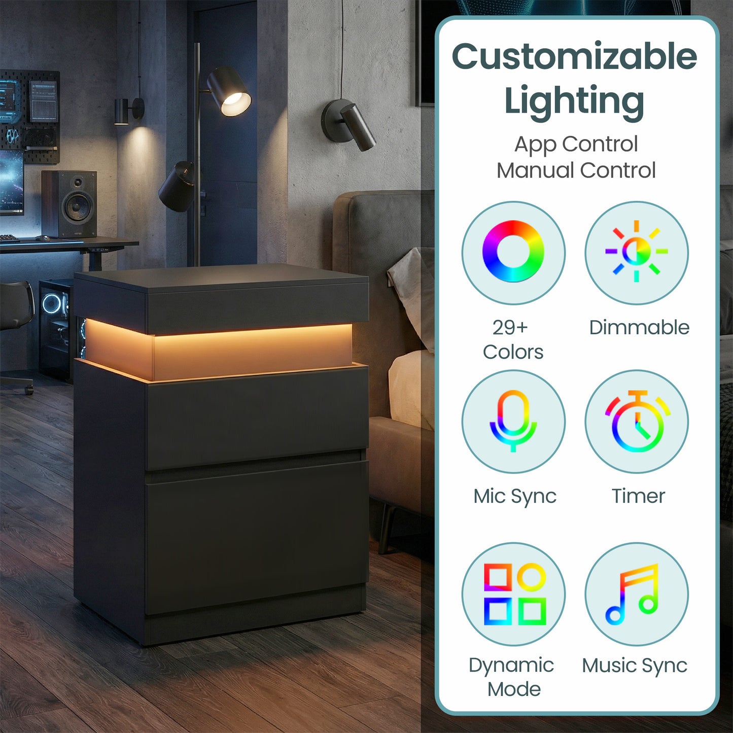 Nightstand with Power Outlets & LED Lights, Modern Bedside Table with 2 Drawers and Sliding Lid, Charging Station for Bedroom, Ink Black