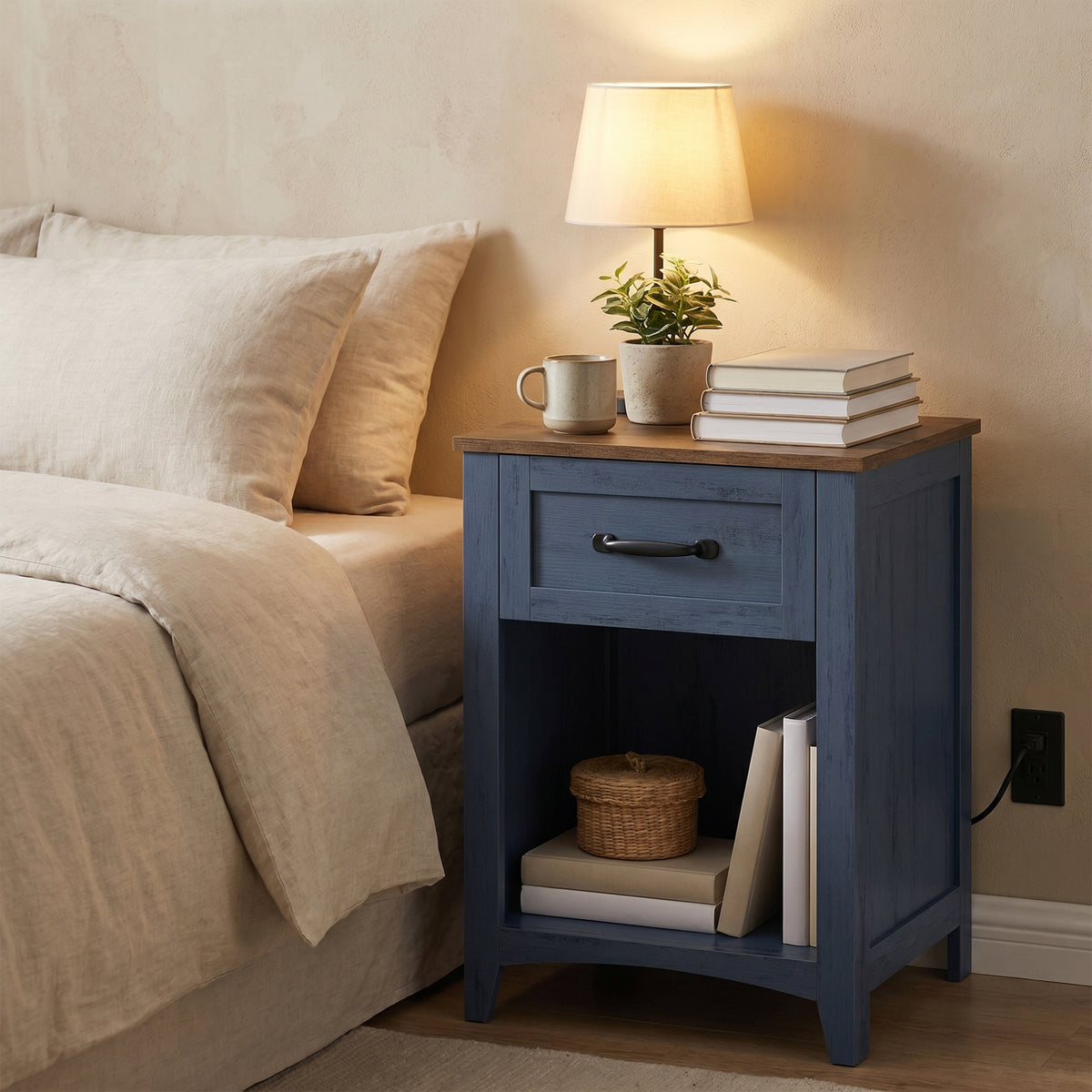 LEDREM Set of 1 Nightstands with Charging Station, Farmhouse Bedside Tables with Drawer and Open Compartment, Blue and Brown