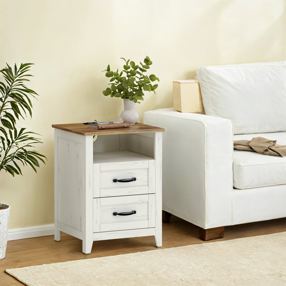 LEDREM Set of 2 Bedside Tables with Charging Stations, 2 Drawers, Nightstands for Bedroom, Open Shelf, Rustic White and Honey Brown