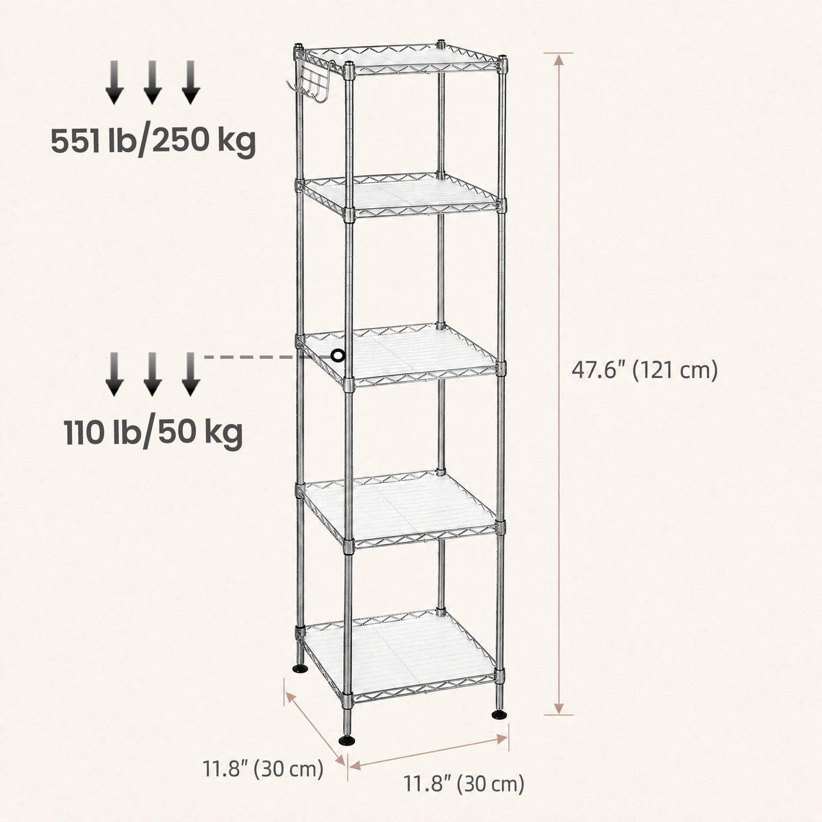 LEDREM Bathroom Shelf, 5-Tier Storage Rack for Small Space, with 5 PP Plastic Shelf Liners, Removable Hook, Extendable Design, Gray and White