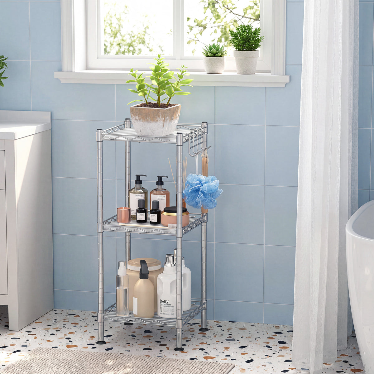 LEDREM 3-Tier Storage Rack, Bathroom Shelf with 3 PP Shelf Liners, Removable Hook, Extendable, Silver and White