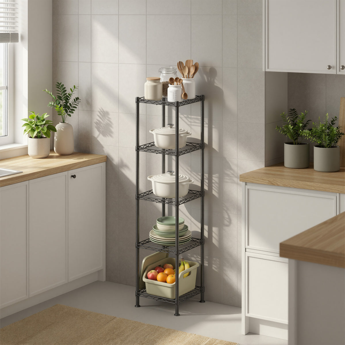 LEDREM Storage Shelves, 5-Tier Adjustable Narrow Metal Shelving Unit for Kitchen Storage, 11.8 x 11.8 x 48.3 Inches, Ink Black