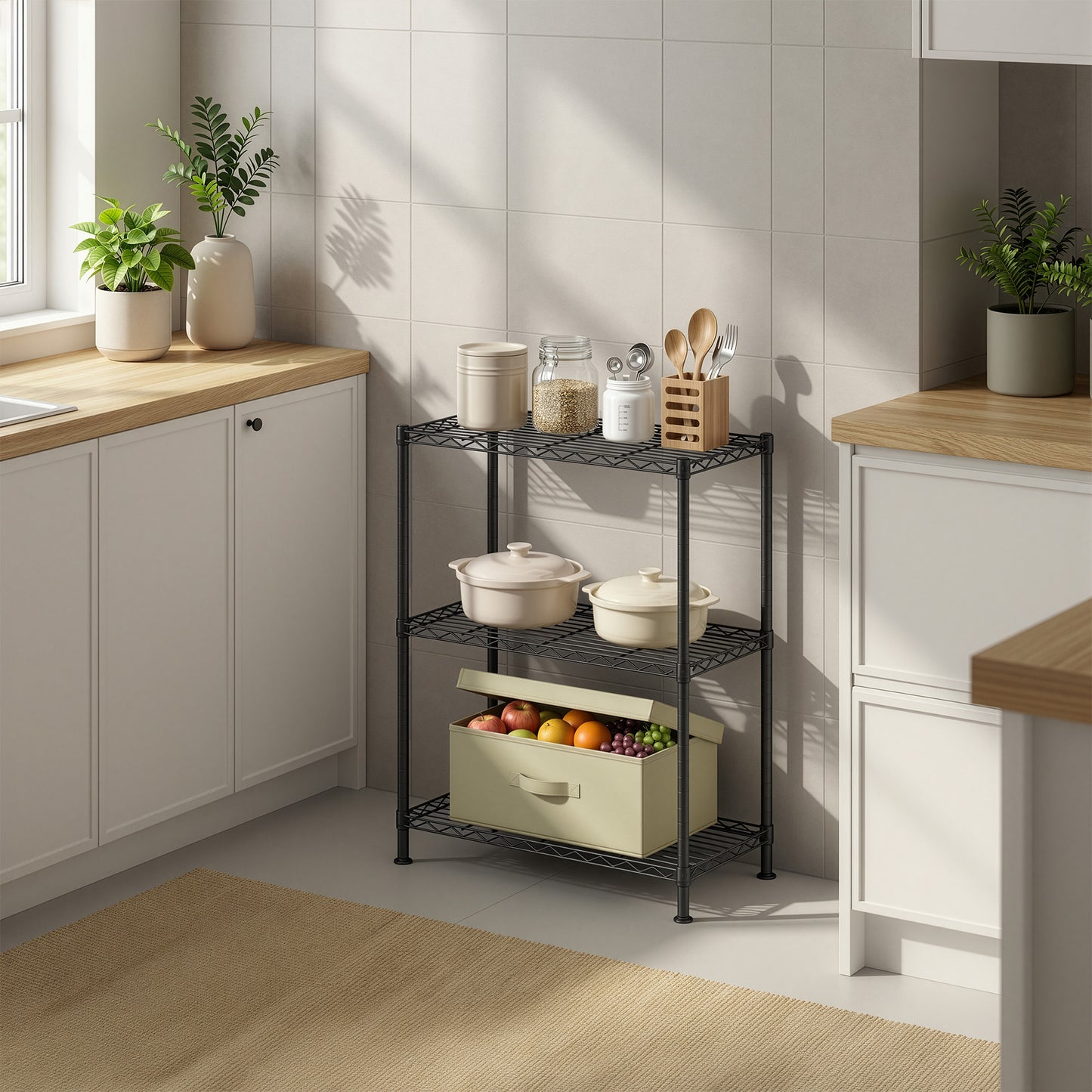 3-Tier Storage Rack, Bathroom Shelf with 4 PP Shelf Liners, Removable Hook, Extendable, Black