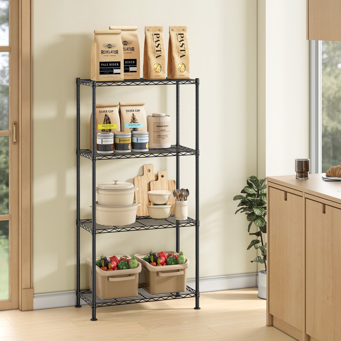 4-Tier Metal Wire Shelving Unit, Adjustable Storage Shelf with Steel Frame, for Garage, Kitchen, Pantry, 23.6 x 47.6 x 11.8 Inches, Ink Black