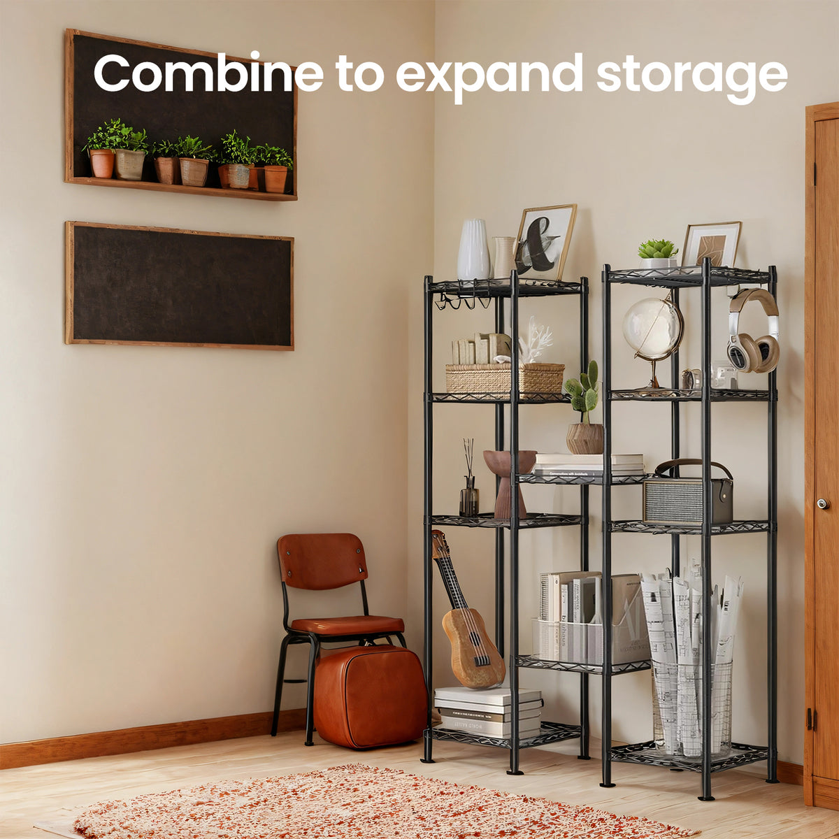 LEDREM Bathroom Shelf, 5-Tier Storage Rack for Small Space, with 5 PP Shelf Liners, Removable Hook, Extendable Design, Black and Translucent