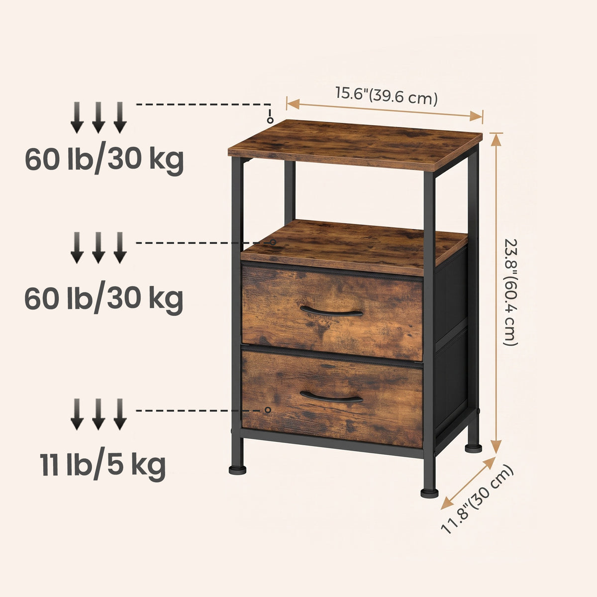 LEDREM Nightstand with Open Shelf and 2 Fabric Drawers, 15.6 x 11.8 x 23.8 inches, Rustic Brown