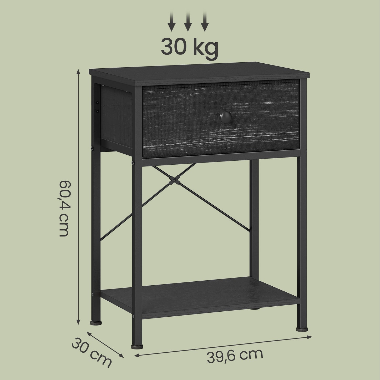Side Table, Narrow Bedside Table with Fabric Drawer for Small Spaces, 15.6 x 11.8 x 23.8 inches, Black