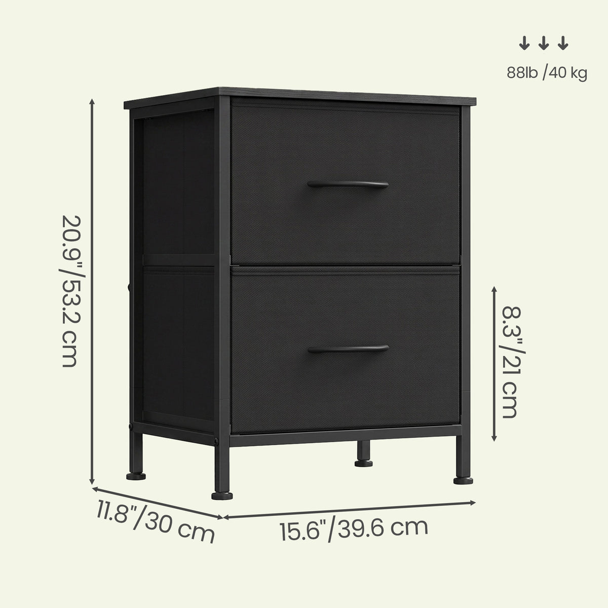 LEDREM Nightstand with 2 Non-Woven Fabric Drawers, Chest of Drawers for Bedroom, Closet, Black