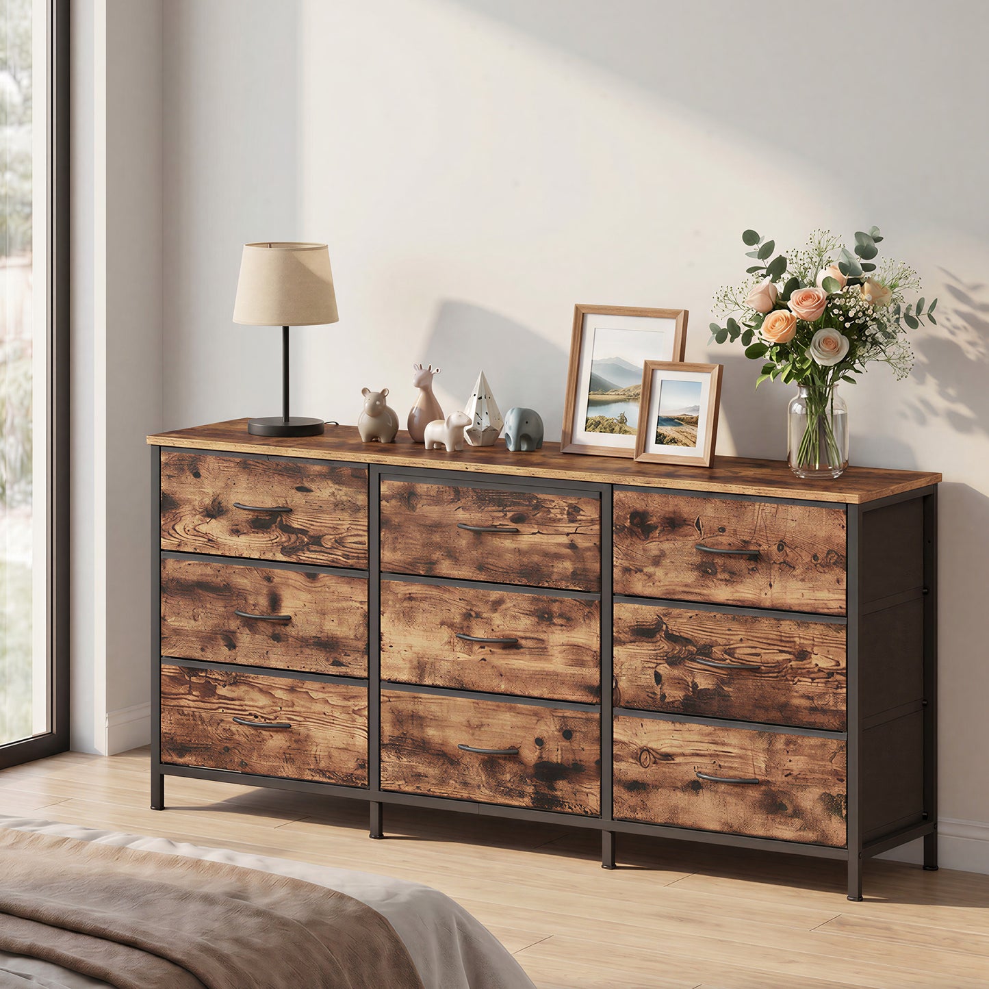 9-Drawer Dresser, TV Stand, Modern Basic Chest of Drawers, 57.8 x 13.8 x 26.8 Inches, Tan