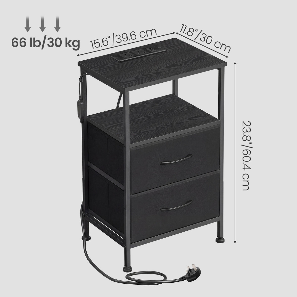 LEDREM Modern Nightstand Set of 2 with Charging Station and LED Lights, 15.6 x 11.8 x 23.8 Inches, Ink Black