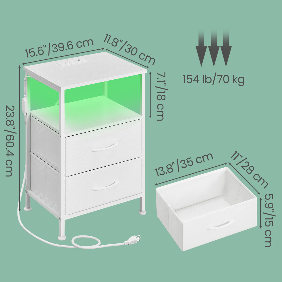 LEDREM Modern Nightstand Set of 2 with Charging Station and LED Lights, 15.6 x 11.8 x 23.8 Inches, White