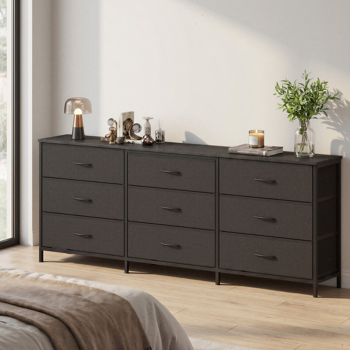 9-Drawer Dresser, TV Stand, Modern Basic Chest of Drawers, 68.4 x 13.8 x 26.8 Inches, Black
