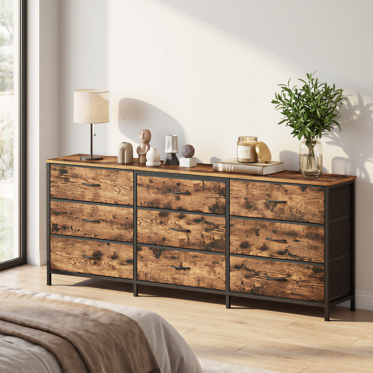 9-Drawer Dresser, TV Stand, Modern Basic Chest of Drawers, 68.4 x 13.8 x 26.8 Inches, Tan