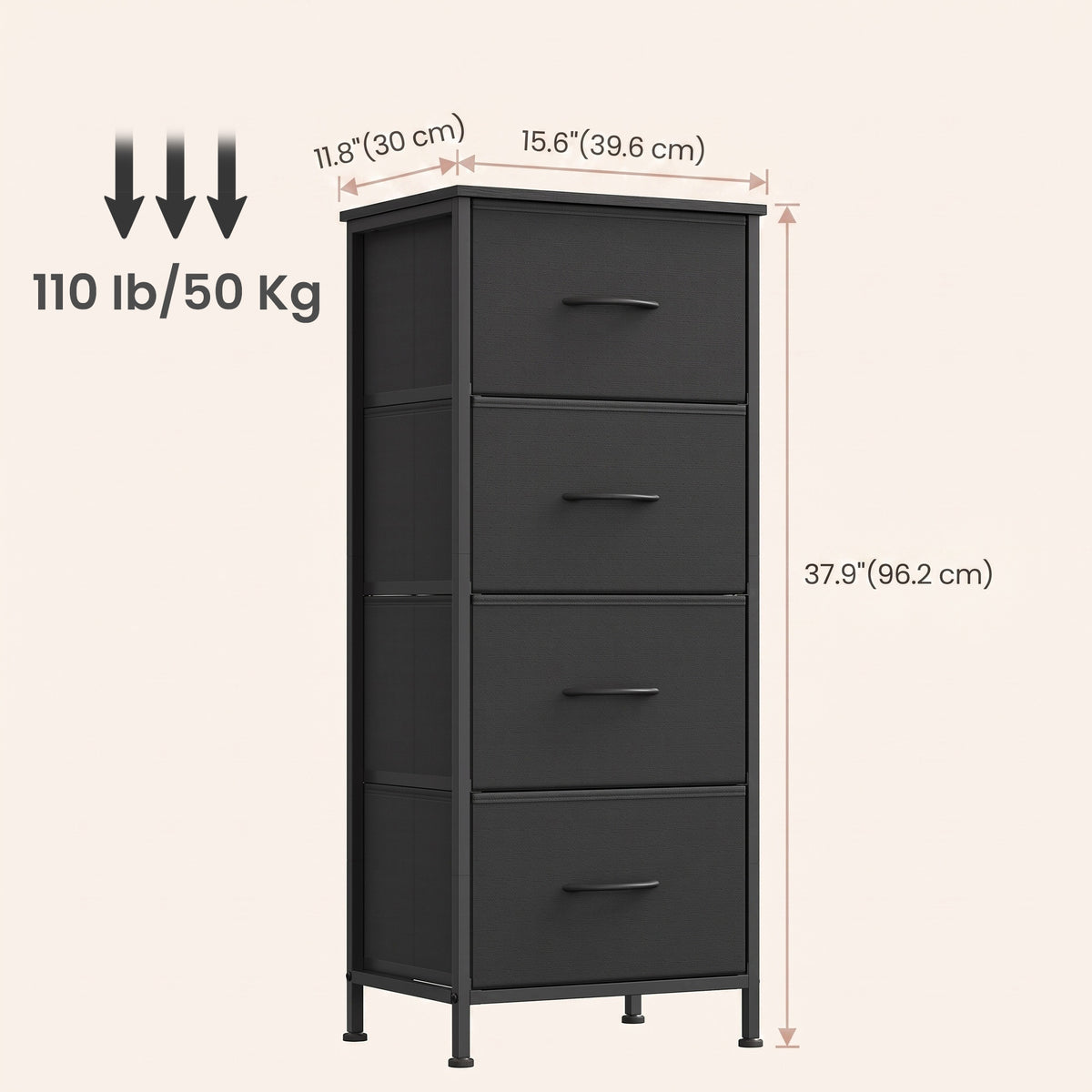 LEDREM Modern 4-Drawer Dresser, Storage Organizer Unit for Bedroom, 15.6 x 11.8 x 37.9 Inches, Black