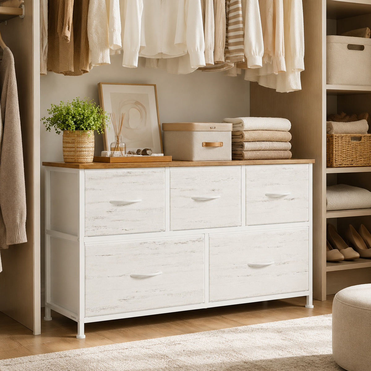 LEDREM Modern basic 5-Drawer Dresser, Storage Organizer Unit for Bedroom, 38.9 x 11.8 x 20.9 Inches, White