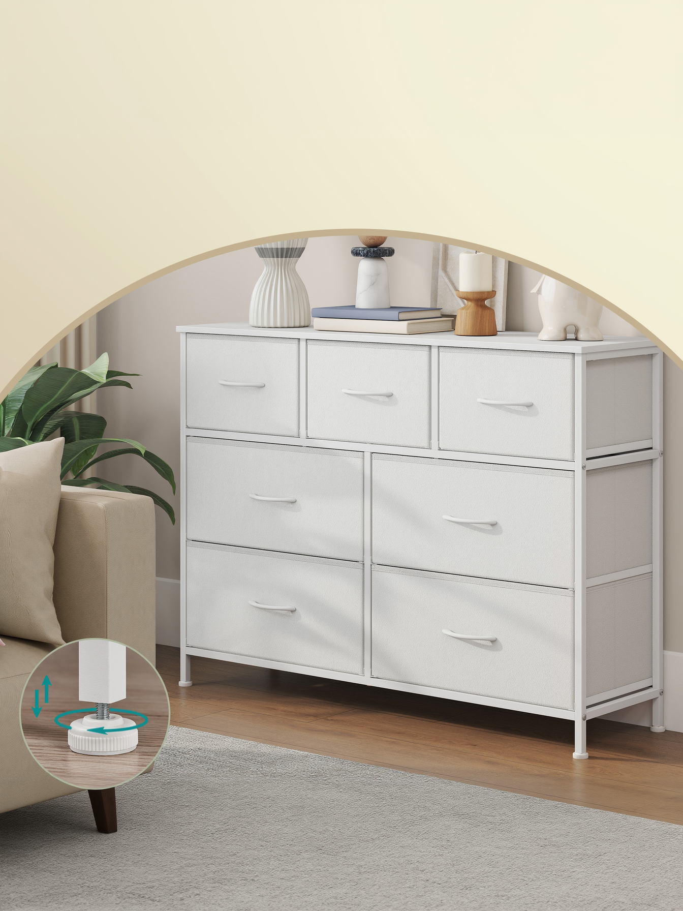 7-Drawer Storage Chest, Steel Frame Fabric Drawer Organizer for Bedroom, Closet and Living Room, Cloud White and Snow White