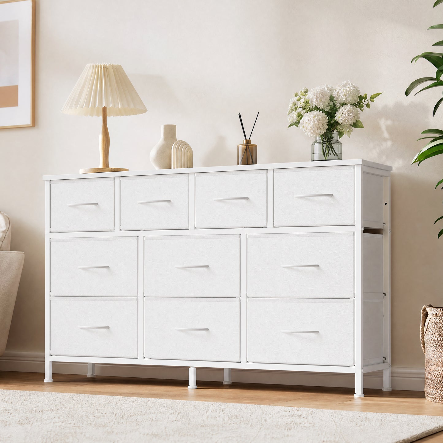 10-Drawer Dresser, TV Stand for 55" Screens, Storage Chest with Steel Frame, for Bedroom Living Room, Cloud White