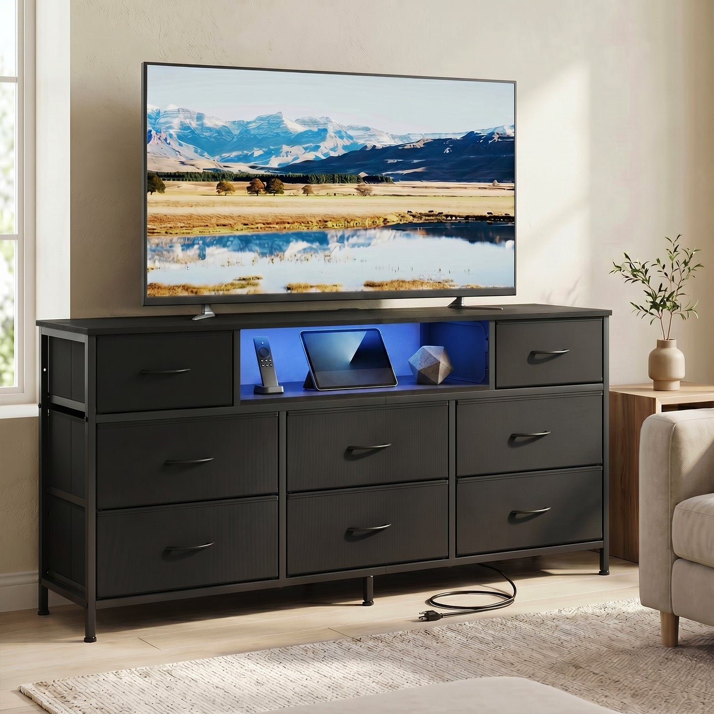 8-Drawer Dresser with LED Lights and Charging Station, TV Stand, 57.8 x 13.8 x 26.8 Inches, Black