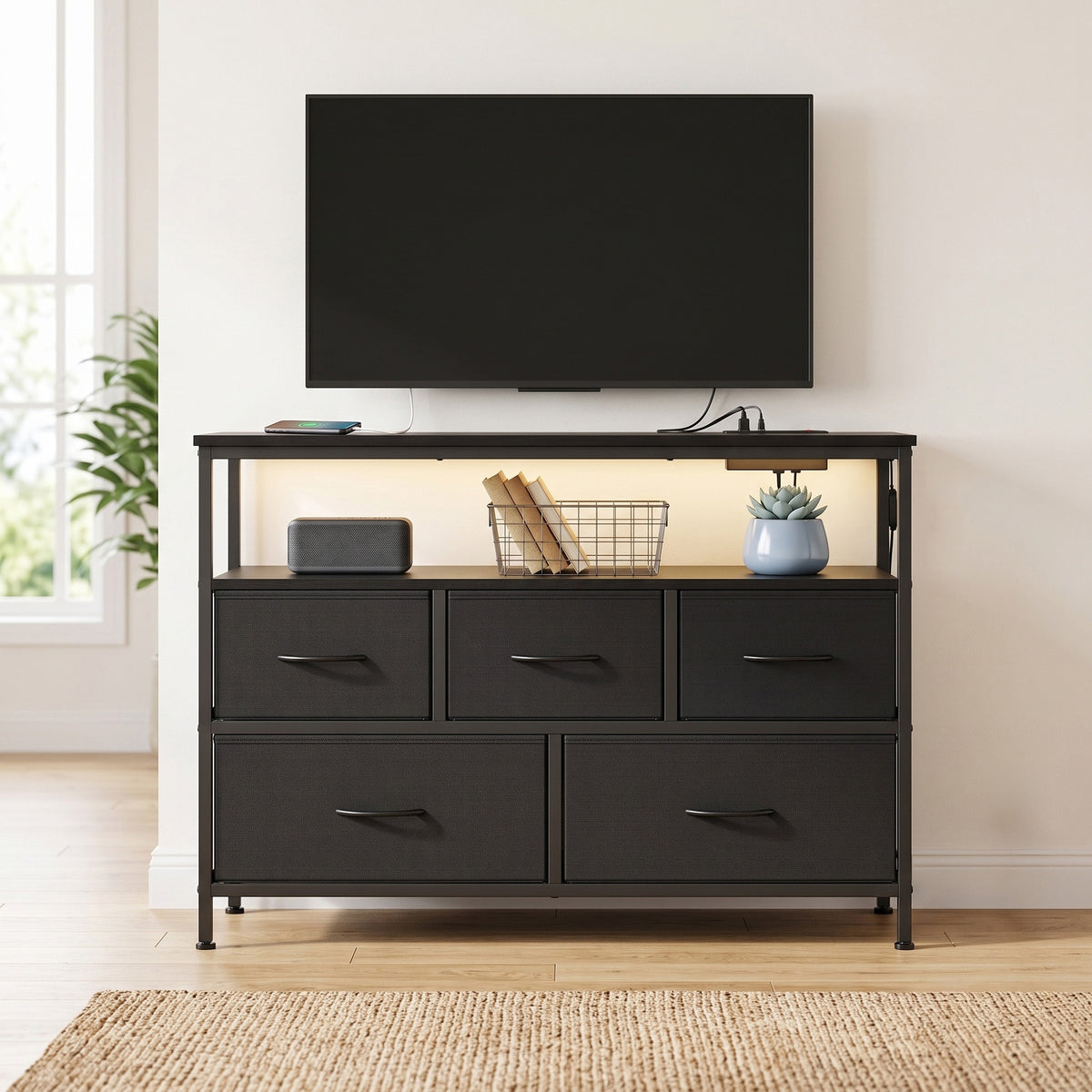 Dresser with Charging Station and LED Lights, 5 Drawers Storage Cabinet, 38.9 x 11.8 x 26.8 inches, Black