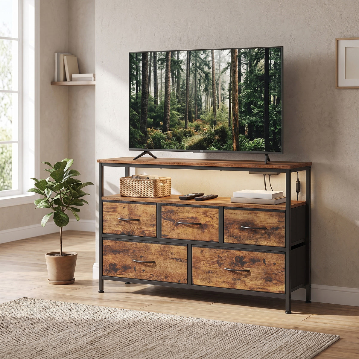 Dresser with Charging Station and LED Lights, 5 Drawers Storage Cabinet, 38.9 x 11.8 x 26.8 inches, Tan and Black